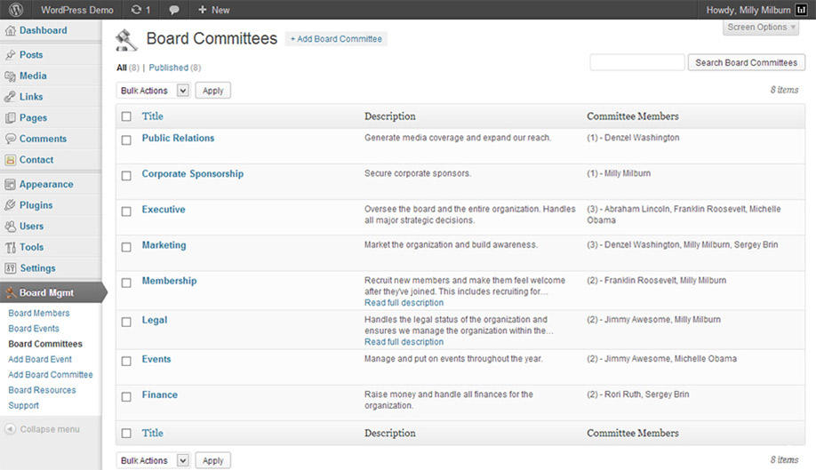 nonprofit board management plugin showing board committees